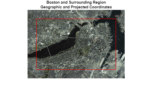 Figure contains an axes object. The hidden axes object with title Boston and Surrounding Region Geographic and Projected Coordinates contains 11 objects of type patch, surface, image, line, text.