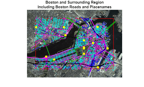 Figure contains an axes object. The hidden axes object with title Boston and Surrounding Region Including Boston Roads and Placenames contains 2819 objects of type line, patch, surface, image, text.