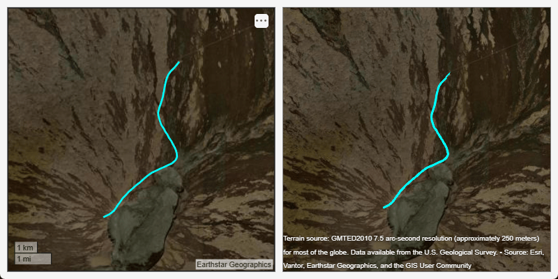 2-D map and 3-D globe showing flight line plotted over satellite imagery