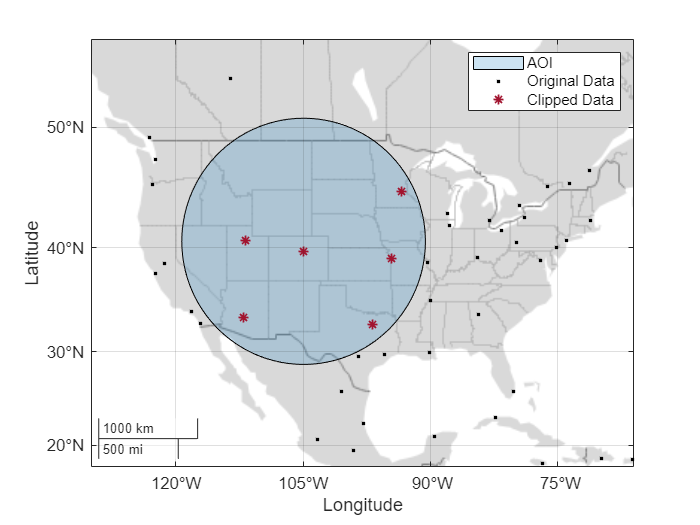 Figure contains an axes object with type geoaxes. The geoaxes object contains 3 objects of type polygon, point. These objects represent AOI, Original Data, Clipped Data.