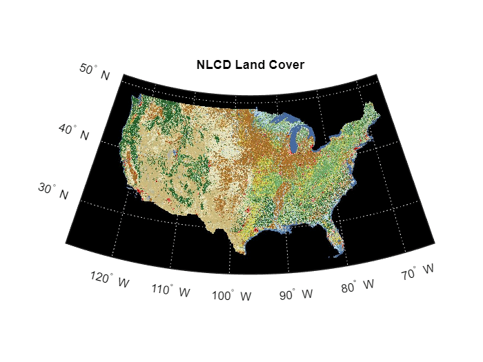 Figure contains an axes object. The hidden axes object with title NLCD Land Cover contains 13 objects of type patch, surface, line, text.