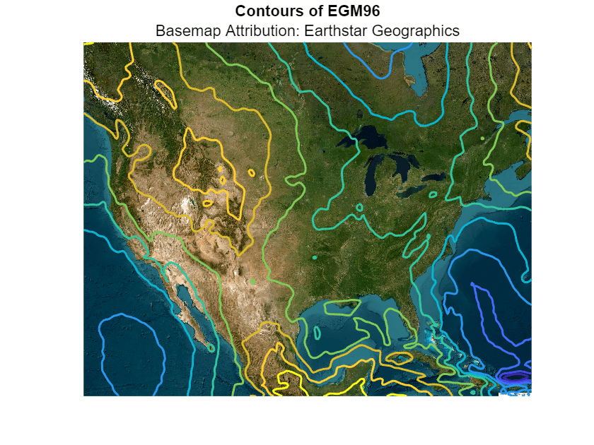 Figure contains an axes object. The axes object with title Contours of EGM96 contains 2 objects of type image, contour.