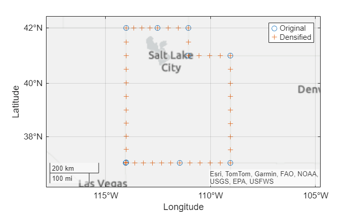 Figure contains an axes object with type geoaxes. The geoaxes object contains 2 objects of type line. One or more of the lines displays its values using only markers These objects represent Original, Densified.