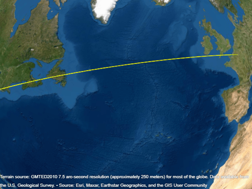 A globe with a yellow line between New York City and Paris. The entire line is visible.