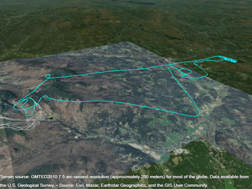 A 3-D line plotted over a region with terrain imagery