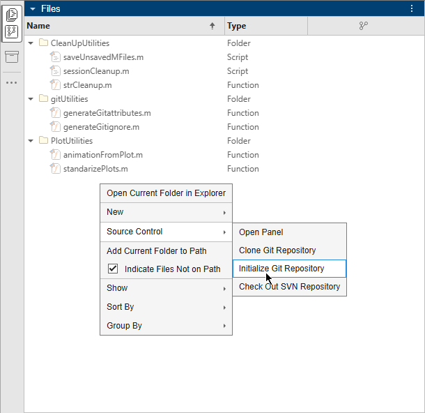 Files panel shows the example files and folders. The context menu is shown with the pointer on Source Control > Initialize Git Repository.