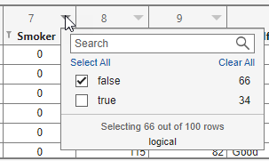 Filtering options for the Smoker table variable. The task displays the 66 table rows where the value of Smoker is false.