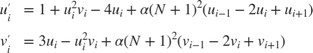 $$ \begin{array}{cl} u'_i &= 1+u_i^2v_i-4u_i+ \alpha \left( N + 1 \right) ^2 \left( u_{i-1}-2u_i+u_{i+1} \right)\\ v'_i &= 3u_i-u_i^2v_i + \alpha \left( N+1 \right) ^2 \left( v_{i-1} - 2v_i+v_{i+1} \right) \end{array}$$