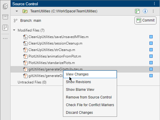Source Control panel displaying 7 modified files int the repository with the context menu open