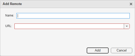 Add Remote dialog box. Name and URL fields and Add and Cancel buttons below.