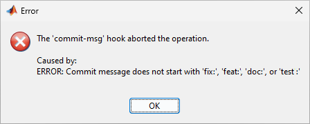 Error dialog forwarding the error from the commit-msg hook