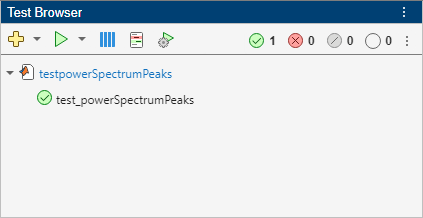 The Test Browser shows that the test in the testpowerSpectrumPeaks file passes