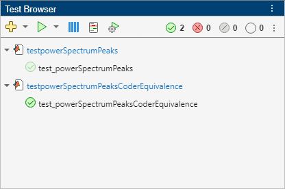 The Test Browser shows the results for the testpowerSpectrumPeaksCoderEquivalence test, which passes