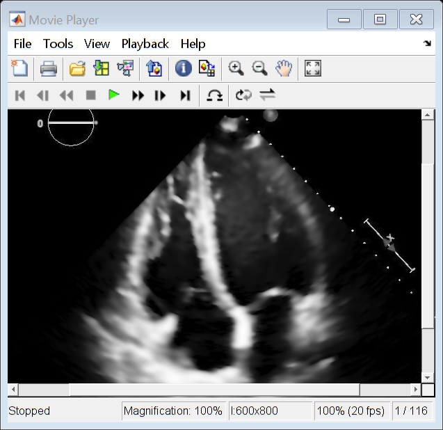 Figure Movie Player contains an axes object and other objects of type uiflowcontainer, uimenu, uitoolbar. The axes object contains an object of type image.