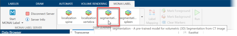 Select a MONAI Label model from the Deep Learning Models gallery in the MONAI Label tab of the app toolstrip.