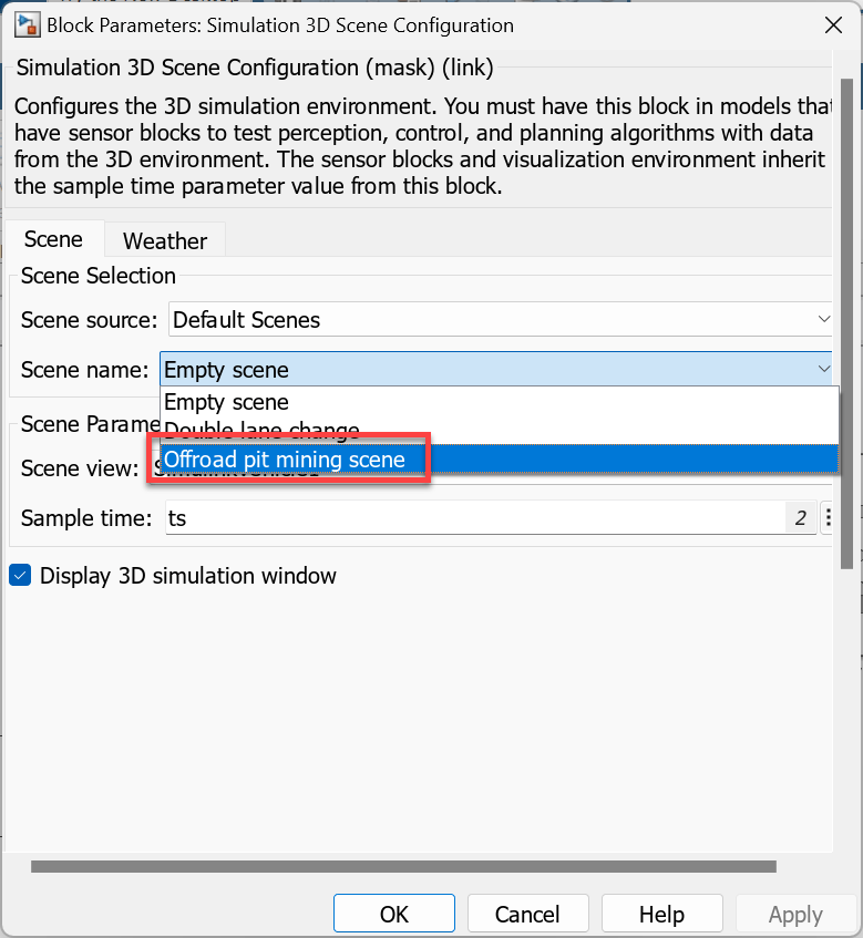 Set Scene View parameter to offroad pit mining scene.