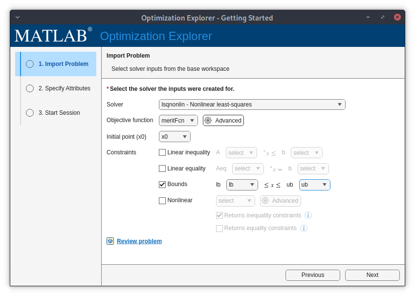 Specify solver options in the Import Problem step.