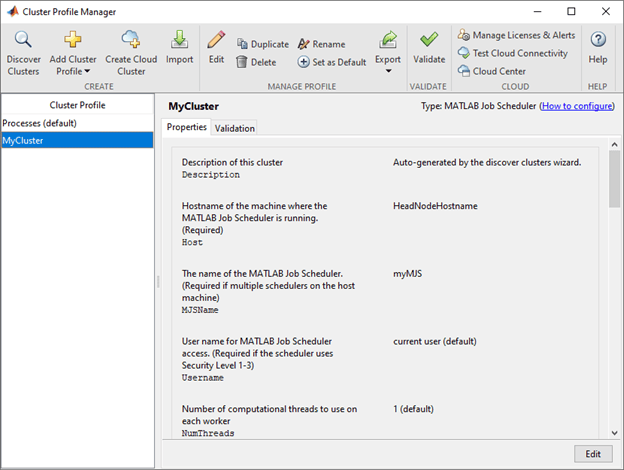 The Cluster Profile Manager, showing the Create, Manage Profile, Validate, Cloud, and Help sections at the top, and details of avaialbe cluster profiles below.