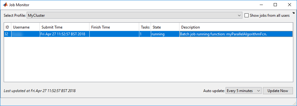 The Job Monitor displays a single job that contains one task with the description "Batch job running function myParallelAlgorithmFcn", and state "Running".