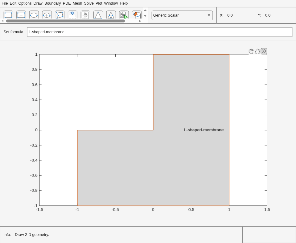 PDE Modeler app window displaying an L-shaped polygon named L-shaped-membrane