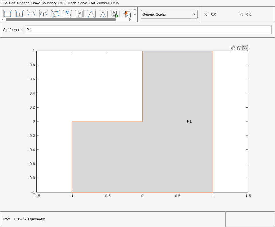PDE Modeler app displaying L-shaped polygon P1.