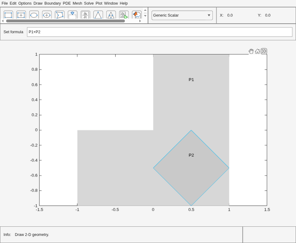 PDE Modeler app with L-shaped polygon P1 and diamond P2 combined using set formula P1+P2.