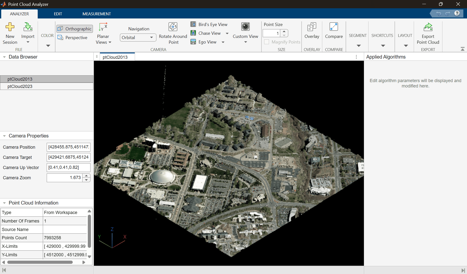 Point Cloud Analyzer app displaying the 2013 point cloud with RGB color.