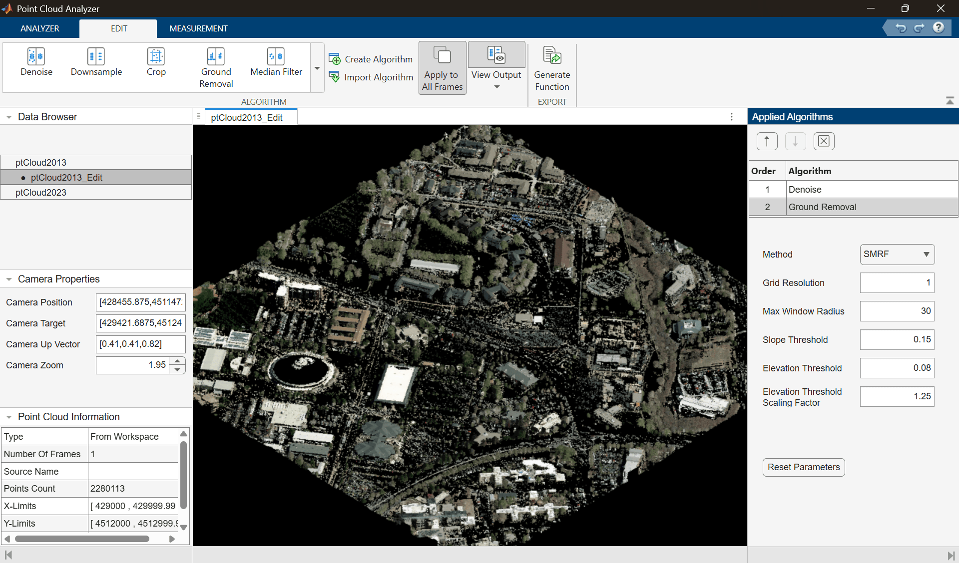 Point Cloud Analyzer Edit tab showing the 2013 point cloud after applying denoise and ground removal algorithms