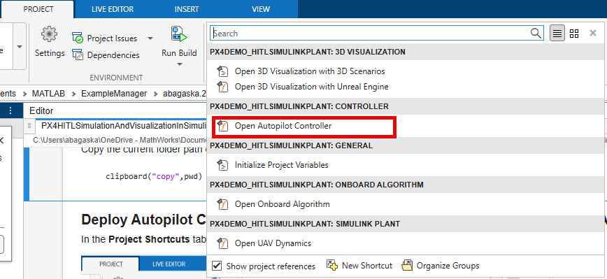 Project tab showing Open Autopilot Controller shortcut