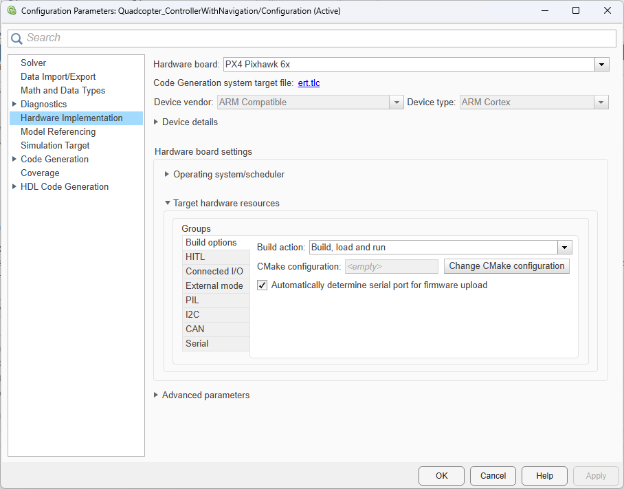 Hardware Settings dialog box showing Build options configuration