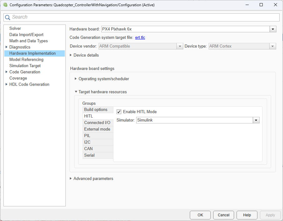 Hardware Settings dialog box showing HITL tab configuration