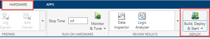 Build, Deploy & Start button in the Hardware tab of the Simulink Toolstrip