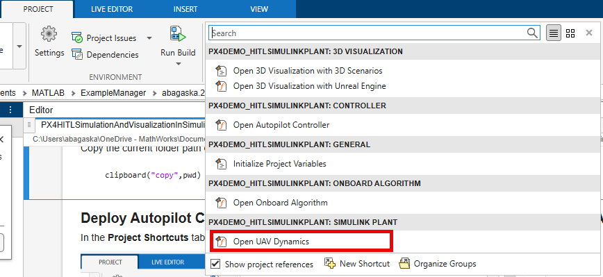 Project tab showing Open UAV Dynamics shortcut
