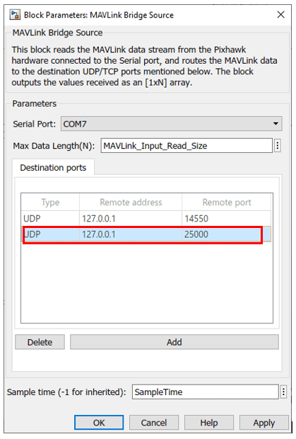 MAVLink Bridge Source block parameters dialog box