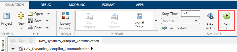 Simulink Toolstrip with Run button for the UAV Dynamics model