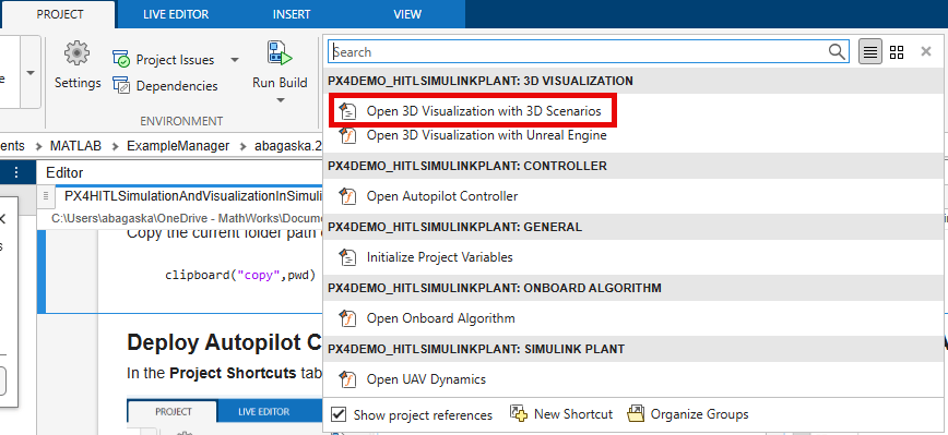 Project tab showing Open 3D Visualization with 3D Scenarios shortcut