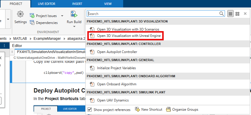 Project tab showing Open 3D Visualization with Unreal Engine shortcut