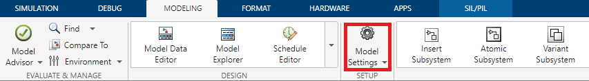 Modeling tab in the Simulink toolstrip with the Model Settings button highlighted