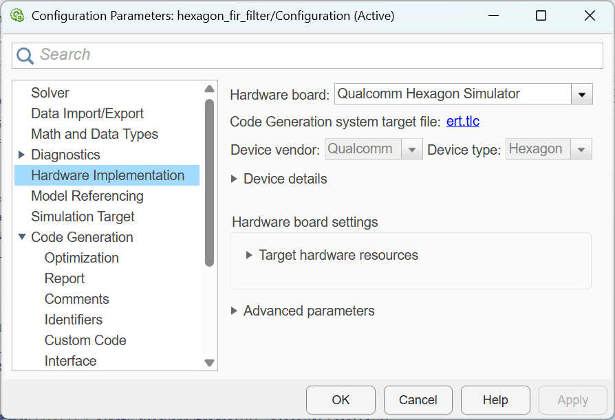 Configuration Parameters dialog with Hardware Implementation selected, showing Hardware board set to Qualcomm Hexagon Simulator