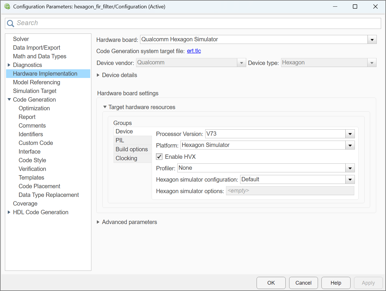 Hardware Implementation settings showing Target hardware resources with Processor Version set to V73 and Enable HVX selected