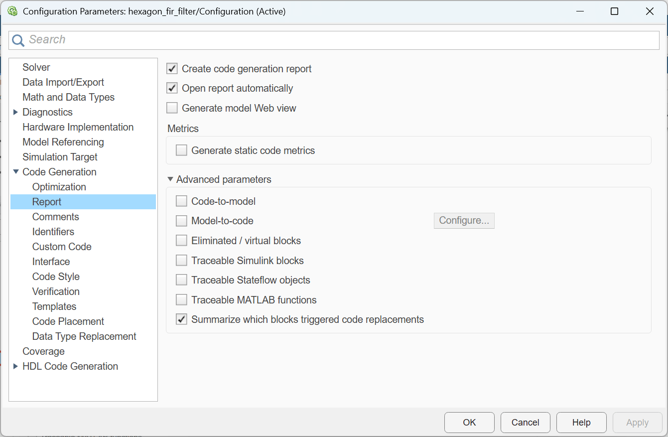 Code Generation Report pane with Create code generation report, Open report automatically, and Summarize which blocks triggered code replacements enabled.