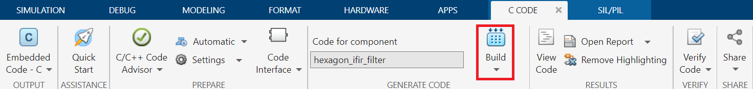 C Code tab in the Simulink toolstrip with the Build button highlighted for component hexagon_ifir_filter.
