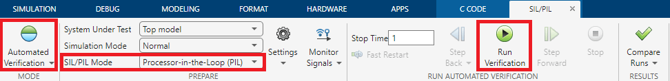 SIL/PIL tab with Mode set to Automated Verification, SIL/PIL Mode set to Processor-in-the-Loop (PIL), and Run Verification button highlighted.