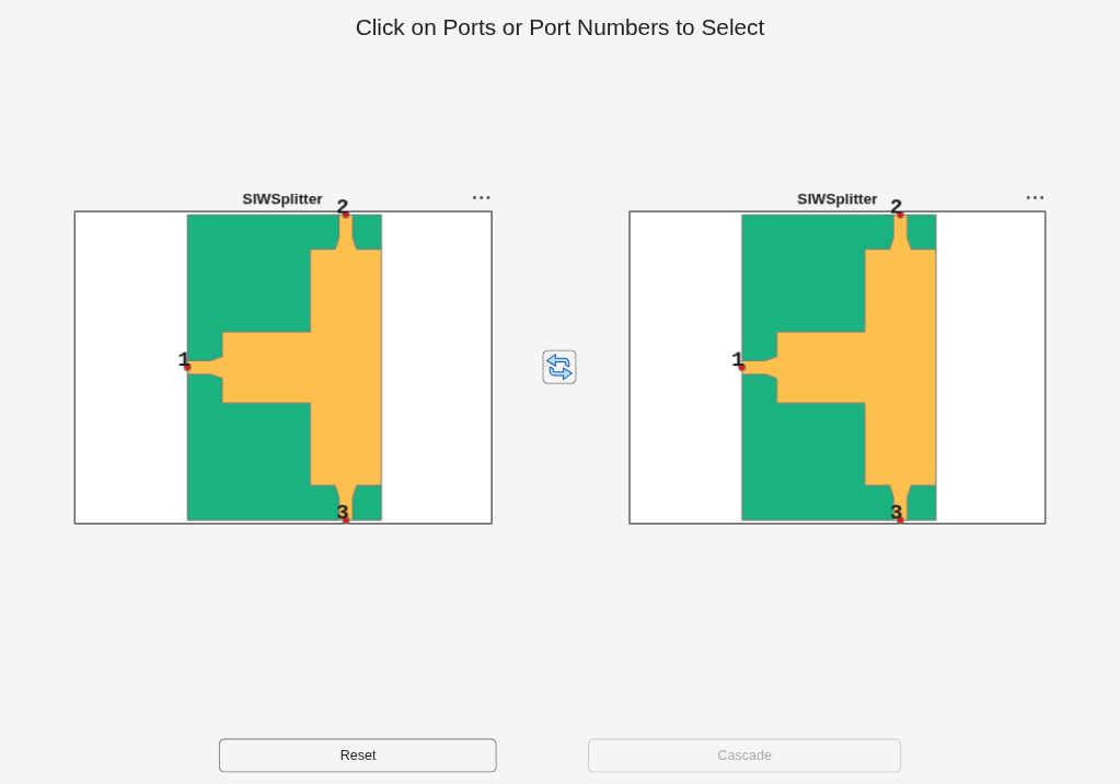 Figure PCB Cascade UI contains 2 axes objects and another object of type uigridlayout. Axes object 1 with title SIWSplitter contains 13 objects of type patch, text. Axes object 2 with title SIWSplitter contains 13 objects of type patch, text.