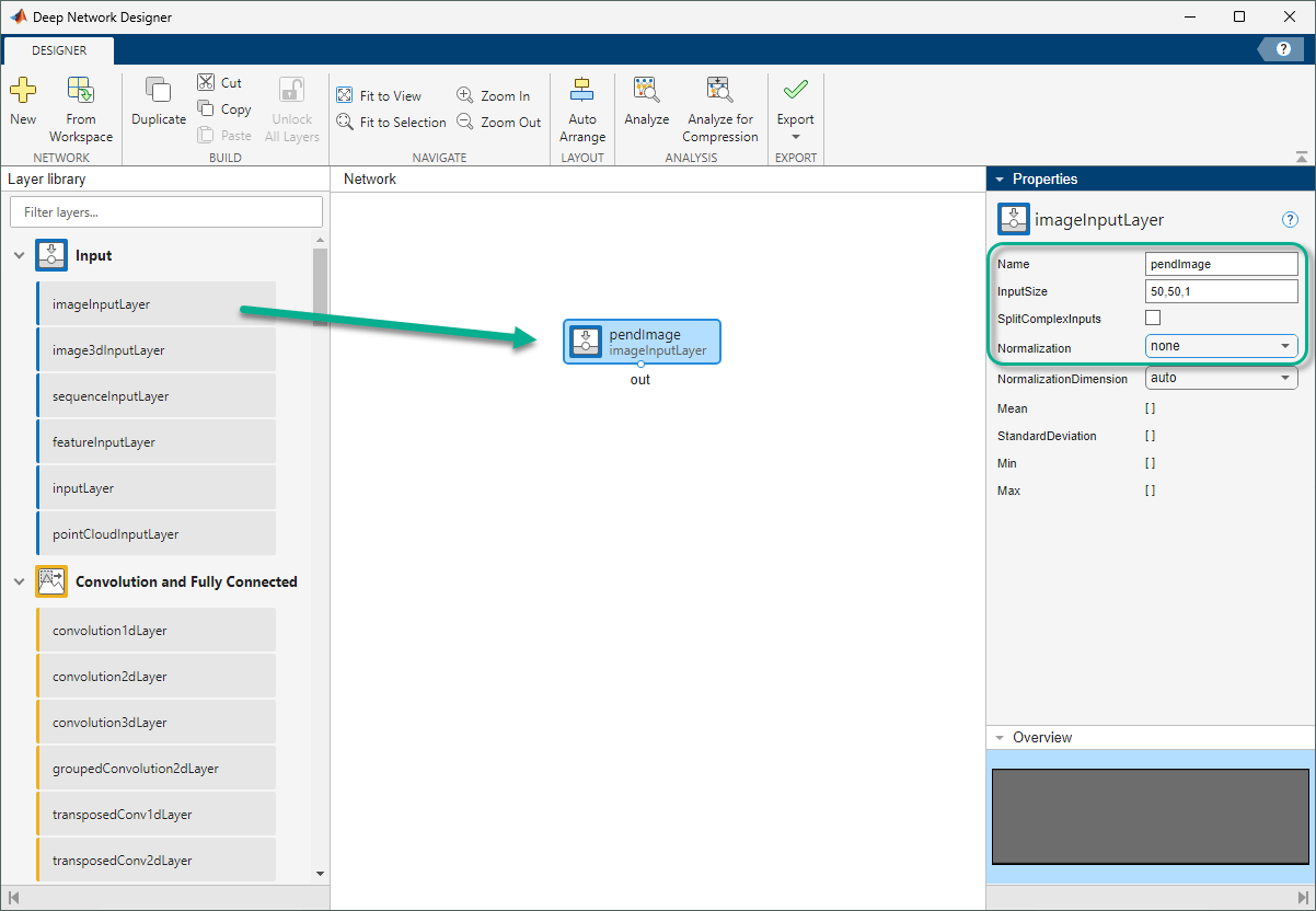 Deep Network Designer with pendImage imageInputLayer on the canvas and its properties panel