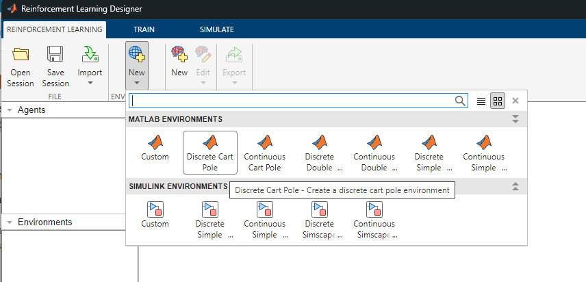 Select Discrete Cart Pole from the MATLAB Environments list