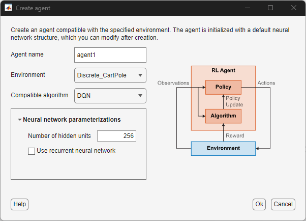 Create Agent dialog box with DQN selected as compatible algorithm