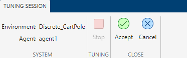 Tuning Session tab with Stop, Accept, and Cancel buttons
