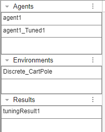 Agents pane with agent1 and agent1_Tuned1, Environments pane, and Results pane with tuningResult1