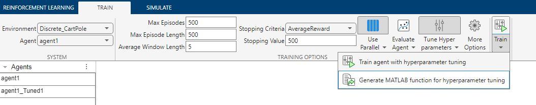Click Train and select Generate MATLAB function for hyperparameter tuning